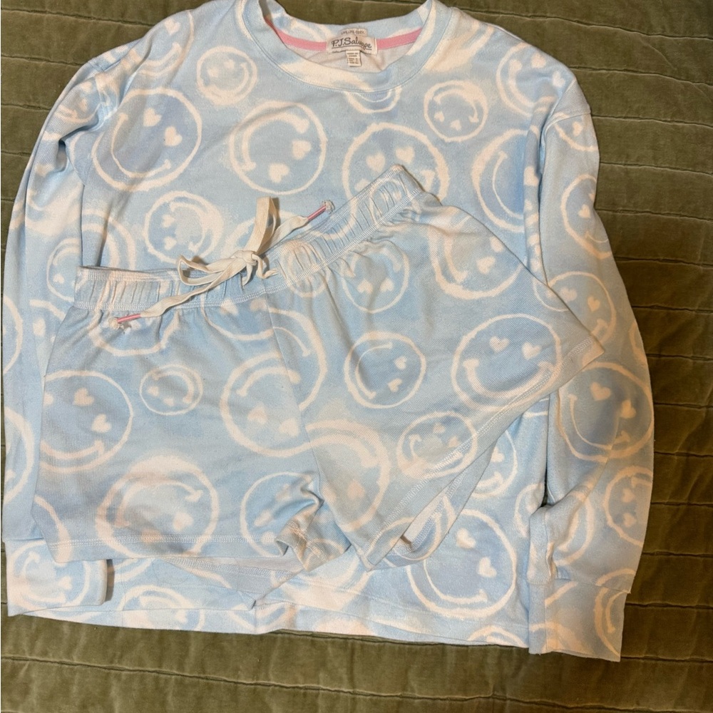 P.J. Salvage Light Blue and White Smiley Face Pajama Set